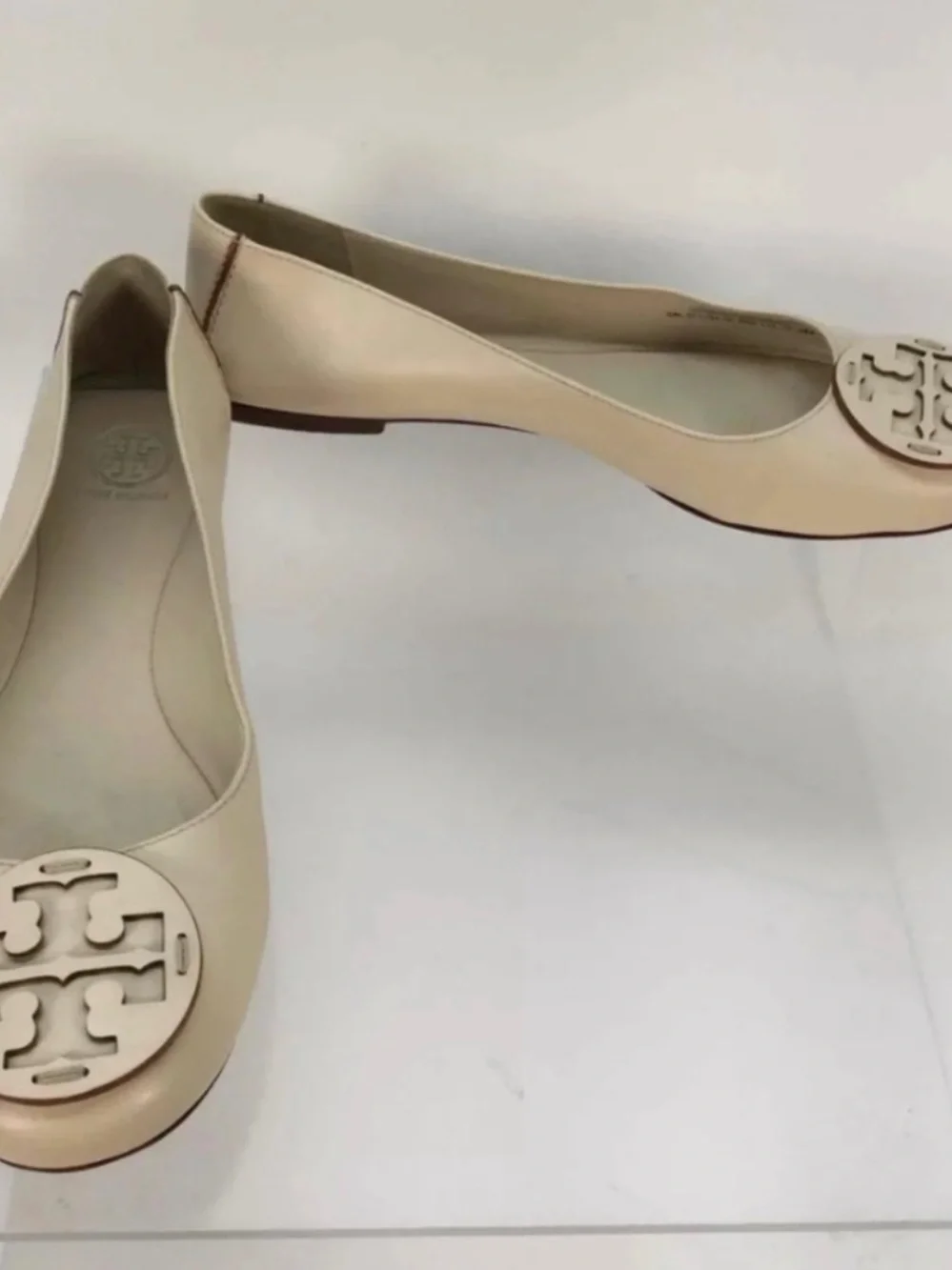 Tory Burch Neutral Leather Logo Round-Toe Flats